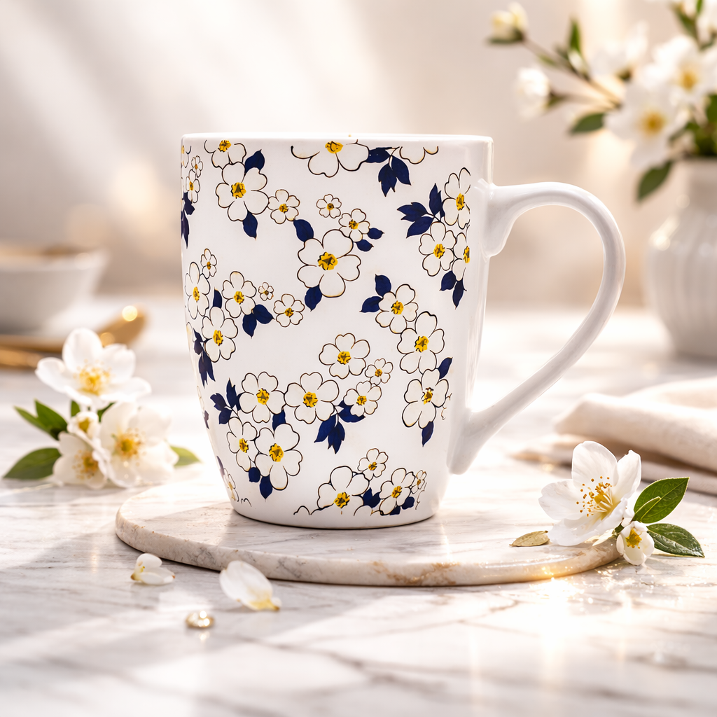 Cuire Black & White Floral Ceramic Coffee Mug | Mug for Him & Her | Perfect for Gifting | 350ml (Set of 1)