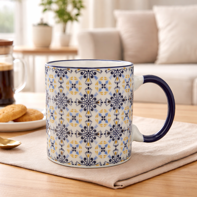 Cuire Blue Patterned Ceramic Coffee Mug | Mug for Him & Her | Perfect for Gifting | 370ml (Set of 1)