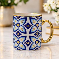 Cuire Golden Blue Floral Ceramic Coffee Mug | Mug for Him & Her | Perfect for Gifting | 360ml (Set of 1)