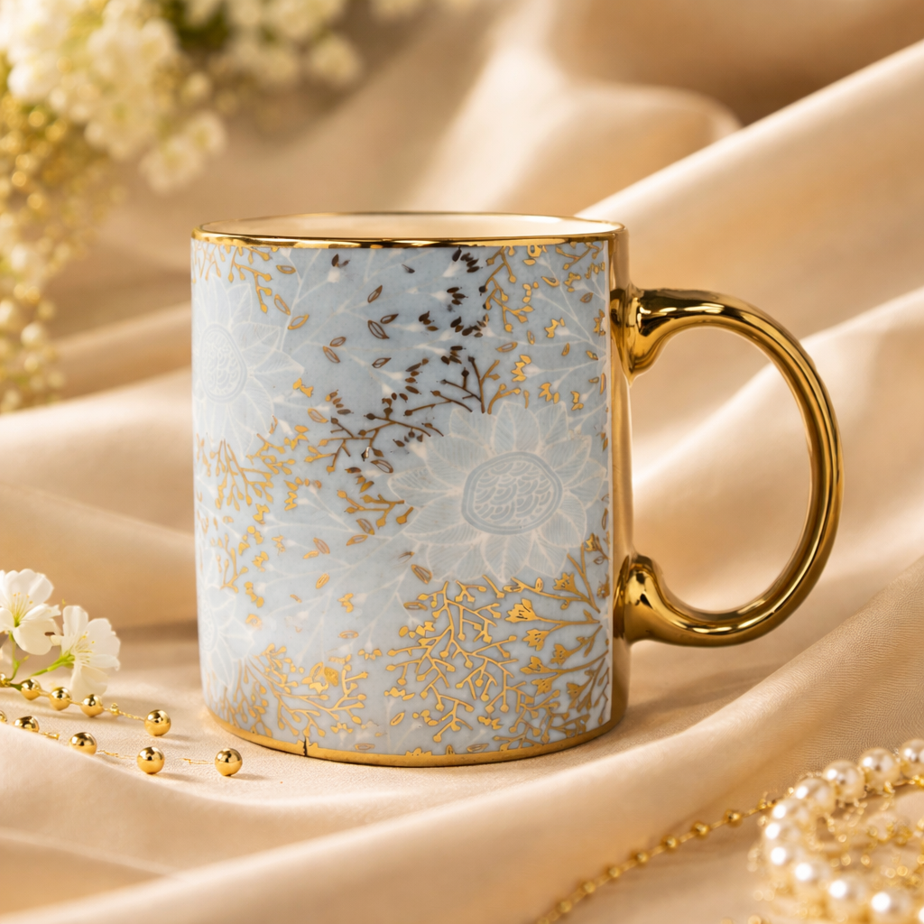 Cuire Floral Golden Ceramic Coffee Mug | Mug for Him & Her | Perfect for Gifting | 370ml (Set of 1)