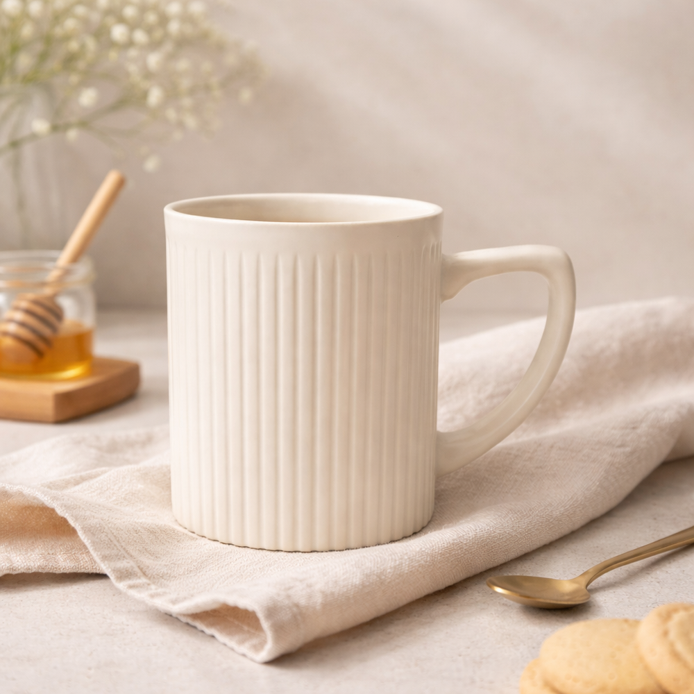 Cuire Ribbed White Ceramic Coffee Mug | Mug for Him & Her | Perfect for Gifting | 340ml (Set of 1)