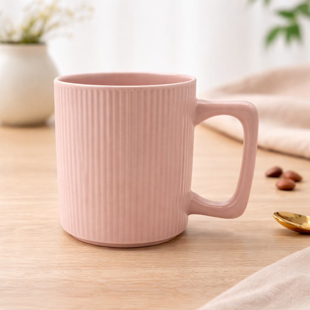 Cuire Ribbed Pink Ceramic Coffee Mug | Mug for Him & Her | Perfect for Gifting | 380ml (Set of 1)