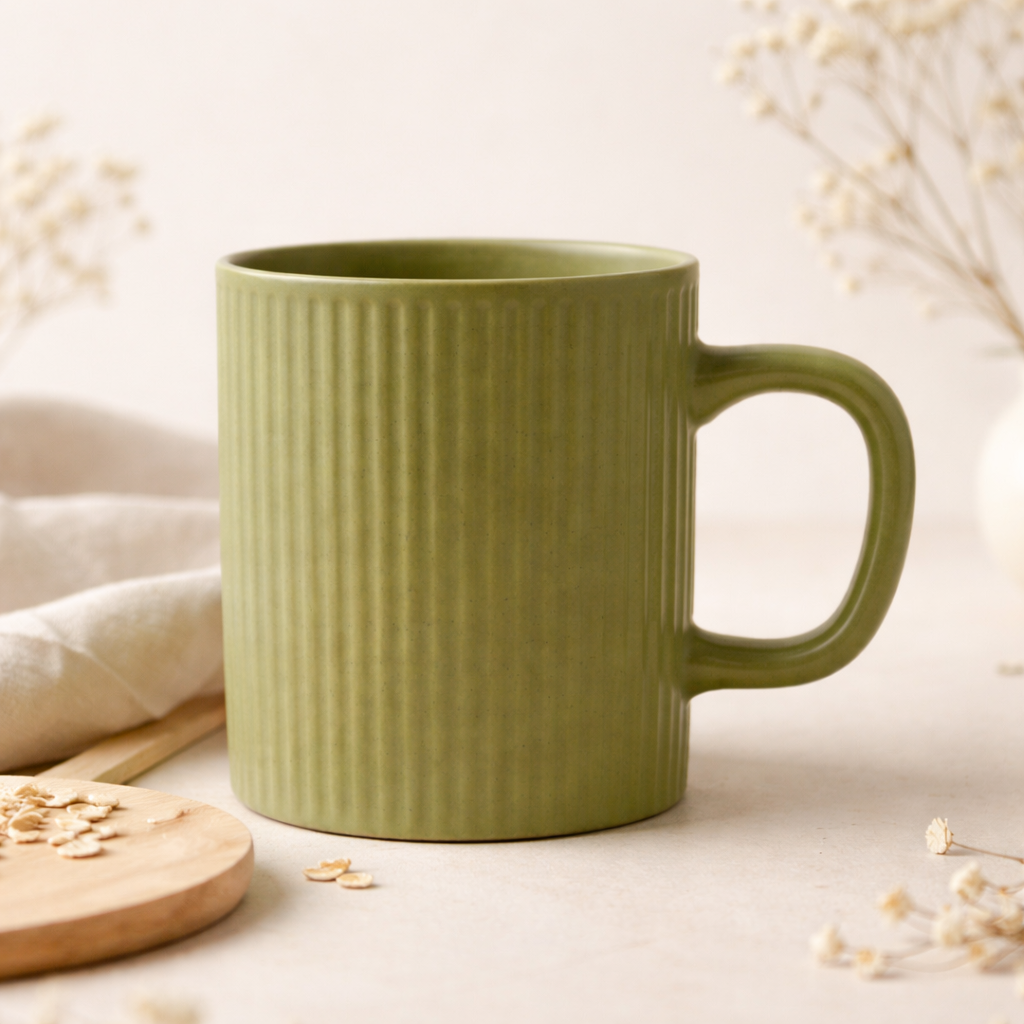 Cuire Ribbed Sage Green Ceramic Coffee Mug | Mug for Him & Her | Perfect for Gifting | 360ml (Set of 1)