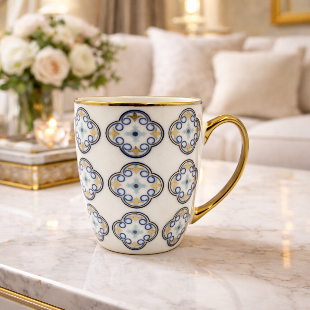 Cuire Blue and Golden Pattern Premium Coffee Mug | Mug for Him & Her | Perfect for Gifting | 370ml (Set of 1)