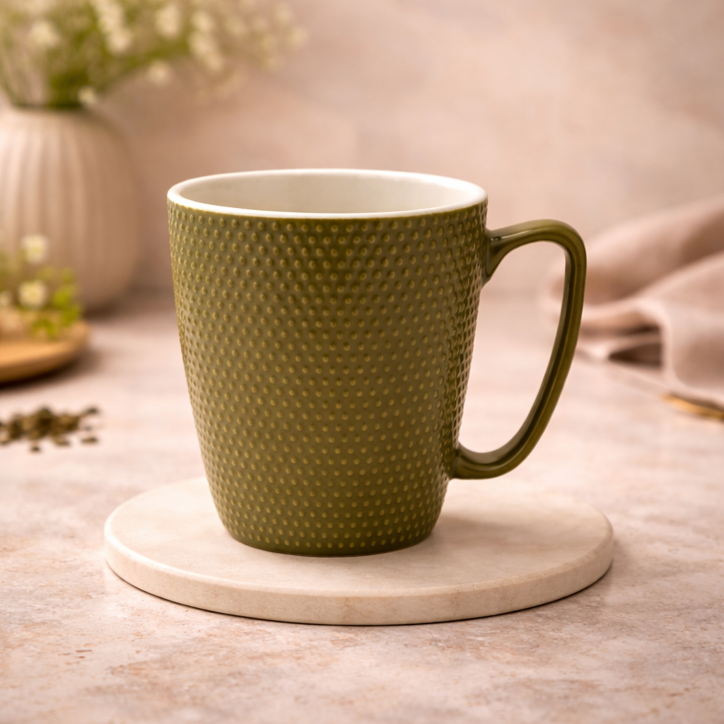 Cuire Dotted Olive Green Ceramic Coffee Mug | Mug for Him & Her | Perfect for Gifting | 470ml (Set of 1)
