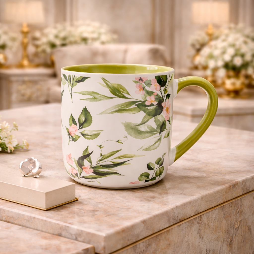 Cuire Green Floral Ceramic Coffee Mug | Mug for Him & Her | Perfect for Gifting | 450ml (Set of 1)