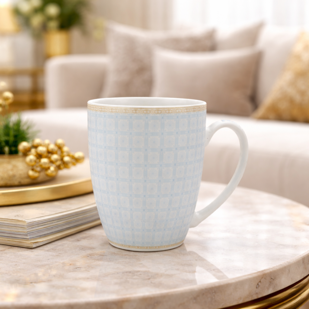Cuire Light Blue Geometric Pattern Ceramic Coffee Mug | Mug for Him & Her | Perfect for Gifting | 370ml (Set of 1)