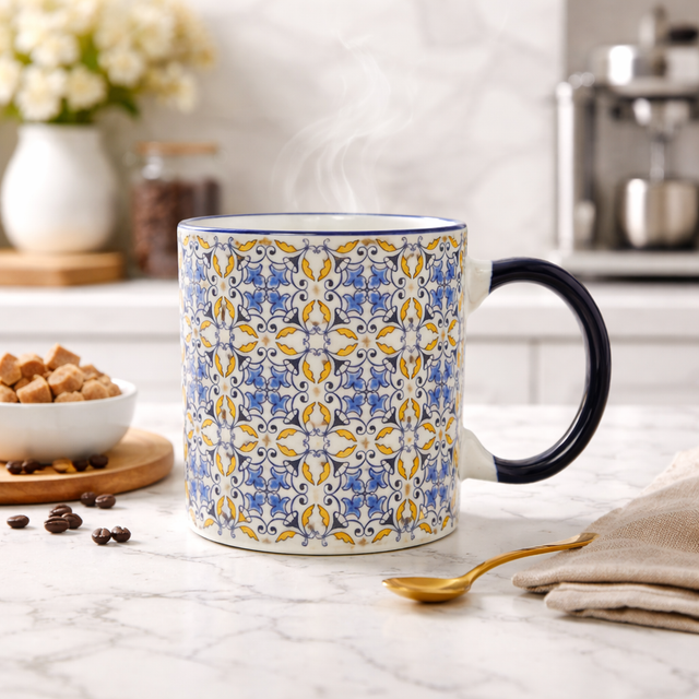 Cuire Blue Patterned Ceramic Coffee Mug | Mug for Him & Her | Perfect for Gifting | 370ml (Set of 1)
