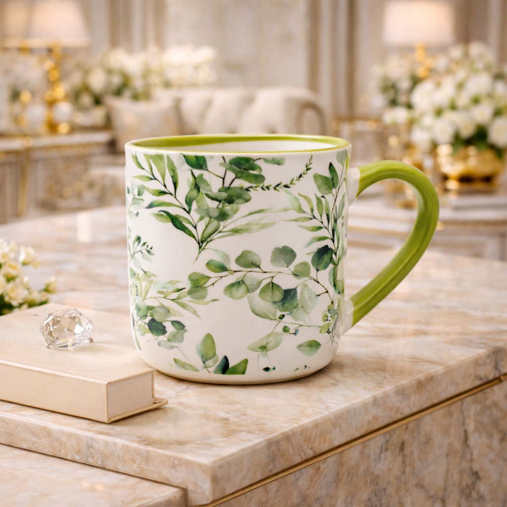Cuire Green Floral Ceramic Coffee Mug | Mug for Him & Her | Perfect for Gifting | 450ml (Set of 1)