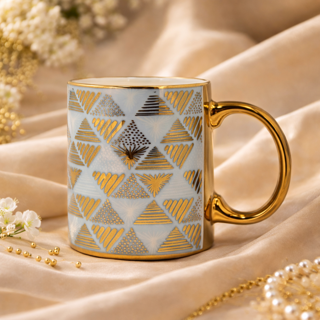 Cuire Floral Golden Ceramic Coffee Mug | Mug for Him & Her | Perfect for Gifting | 370ml (Set of 1)