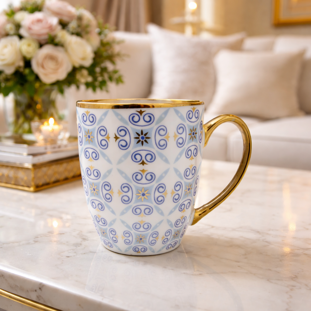 Cuire Blue and Golden Pattern Premium Coffee Mug | Mug for Him & Her | Perfect for Gifting | 370ml (Set of 1)