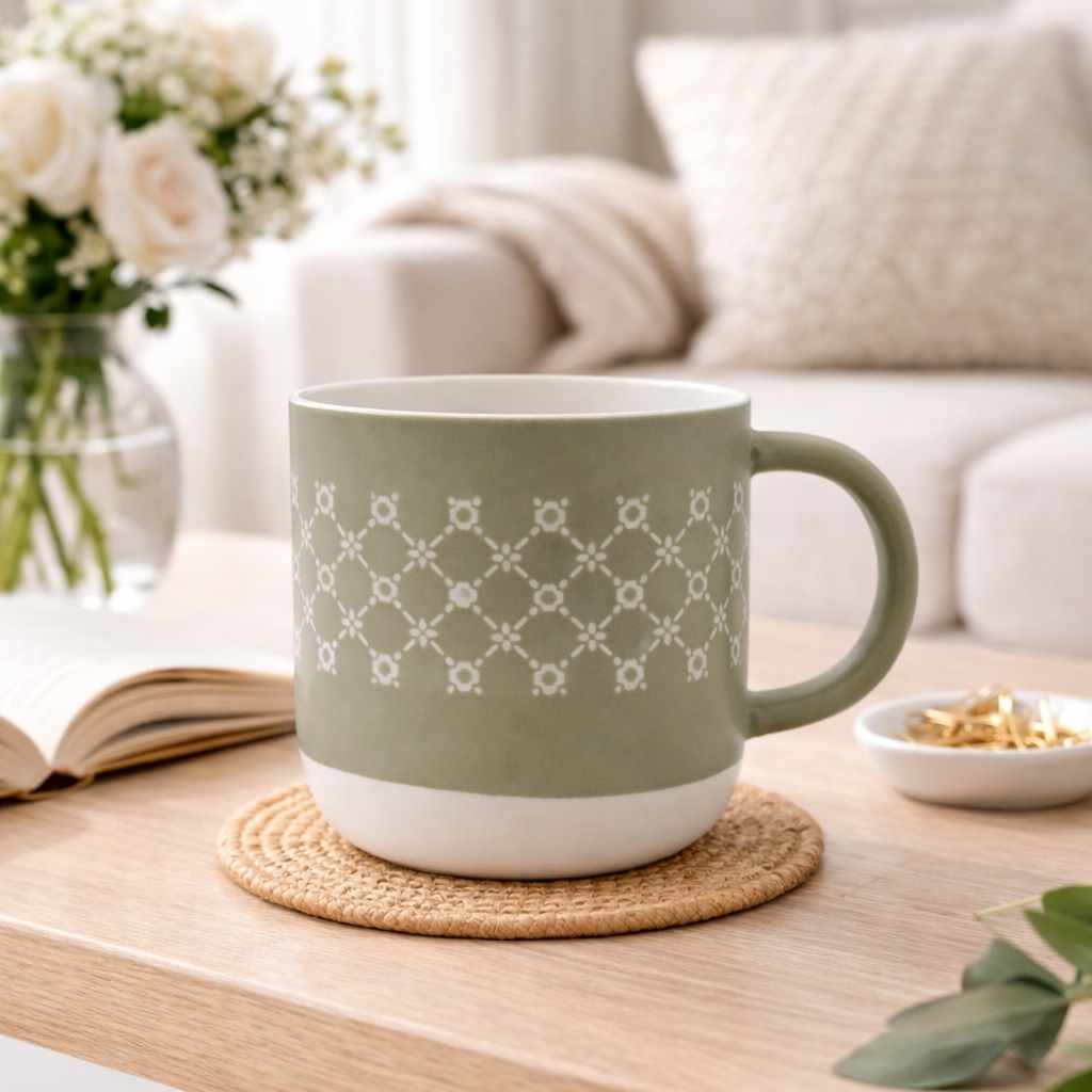 Cuire Olive Green Floral Ceramic Coffee Mug | Mug for Him & Her | Perfect for Gifting | 365ml (Set of 1)