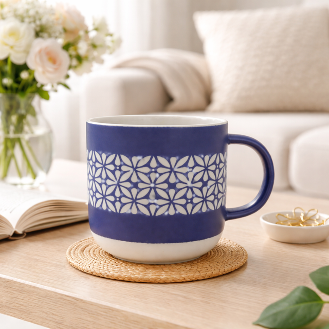 Cuire Blue Floral Ceramic Coffee Mug | Mug for Him & Her | Perfect for Gifting | 365ml (Set of 1)