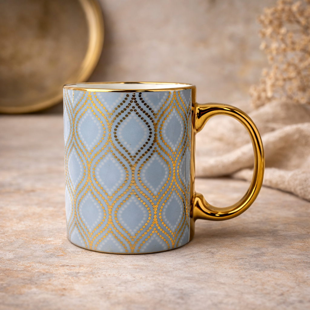 Cuire Floral Golden Ceramic Coffee Mug | Mug for Him & Her | Perfect for Gifting | 370ml (Set of 1)
