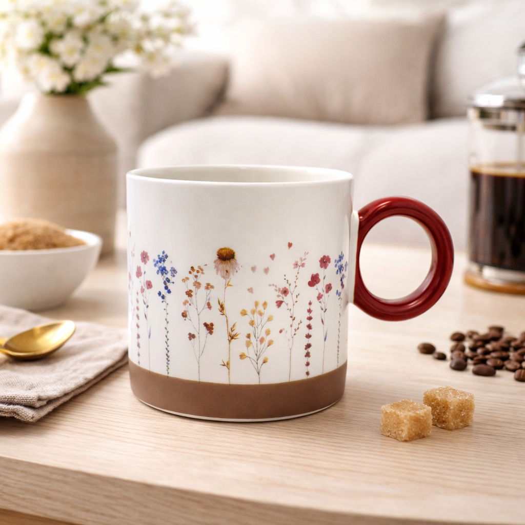 Cuire Red Wildflower Ceramic Coffee Mug | Mug for Him & Her | Perfect for Gifting | 370ml (Set of 1)