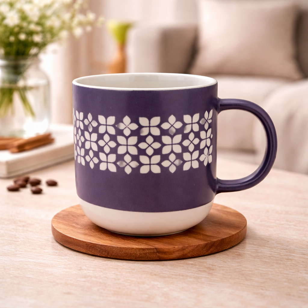 Cuire Purple Floral Ceramic Coffee Mug | Mug for Him & Her | Perfect for Gifting | 365ml (Set of 1)