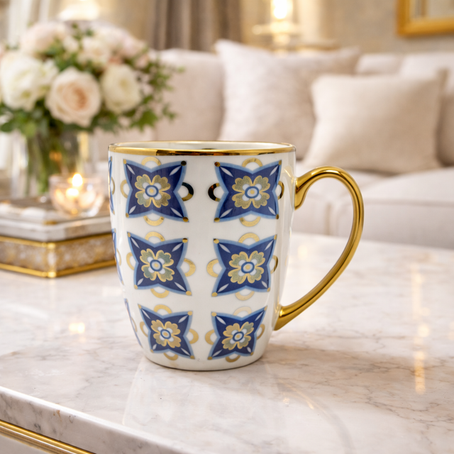 Cuire Blue and Golden Pattern Premium Coffee Mug | Mug for Him & Her | Perfect for Gifting | 370ml (Set of 1)