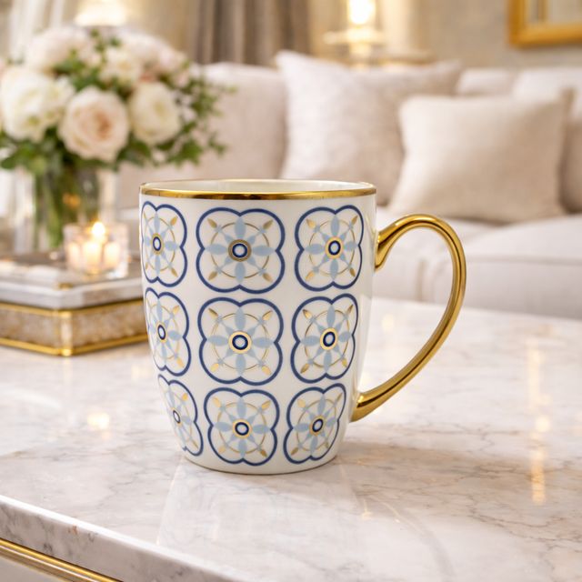 Cuire Blue and Golden Pattern Premium Coffee Mug | Mug for Him & Her | Perfect for Gifting | 370ml (Set of 1)