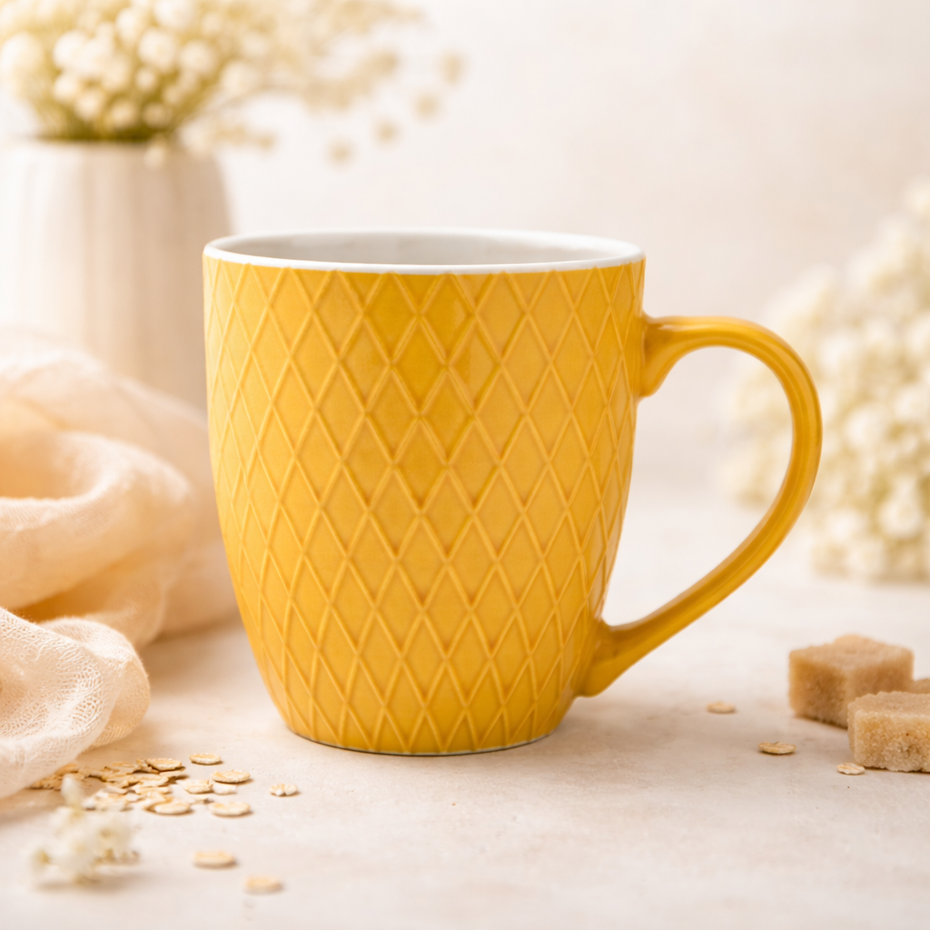 Cuire Diamond Pattern Yellow Ceramic Coffee Mug | Mug for Him & Her | Perfect for Gifting | 400ml (Set of 1)