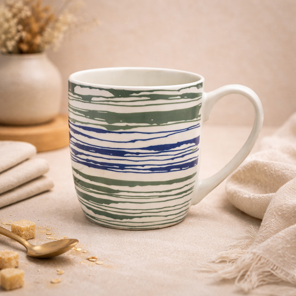 Cuire Stripped White Ceramic Coffee Mug | Mug for Him & Her | Perfect for Gifting | 580ml (Set of 1)