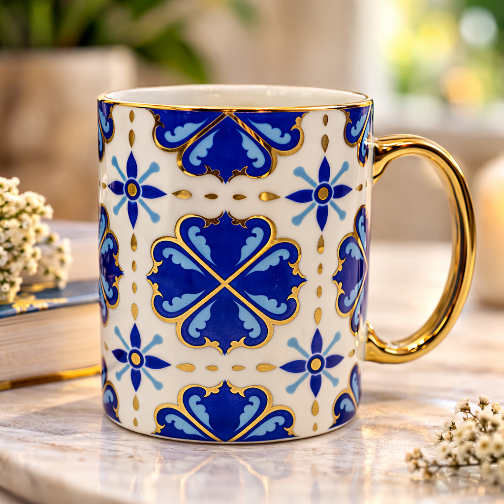 Cuire Golden Blue Floral Ceramic Coffee Mug | Mug for Him & Her | Perfect for Gifting | 360ml (Set of 1)