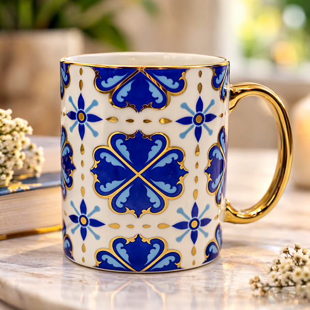 Cuire Golden Blue Floral Ceramic Coffee Mug | Mug for Him & Her | Perfect for Gifting | 360ml (Set of 1)