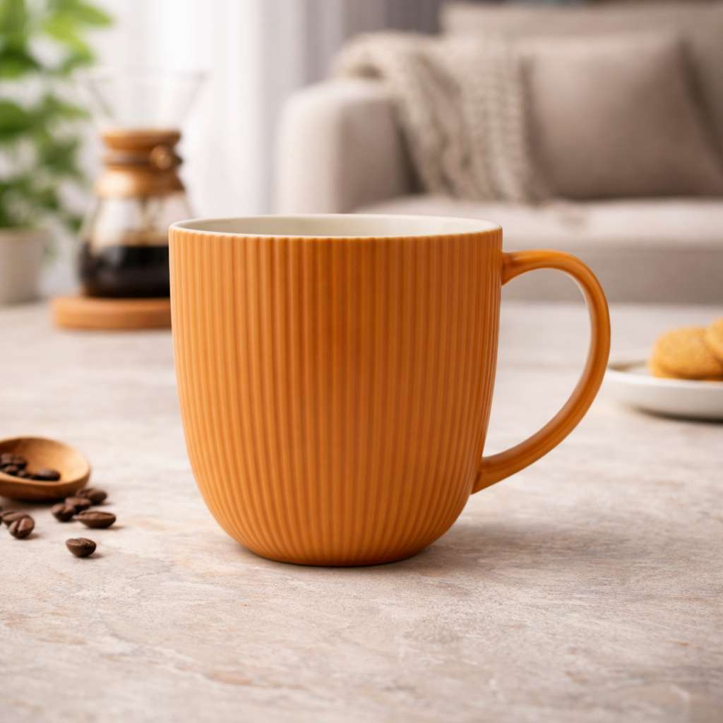 Cuire Solid Colour Ribbed Ceramic Coffee Mug | Mug for Him & Her | Perfect for Gifting | 350ml (Set of 1)