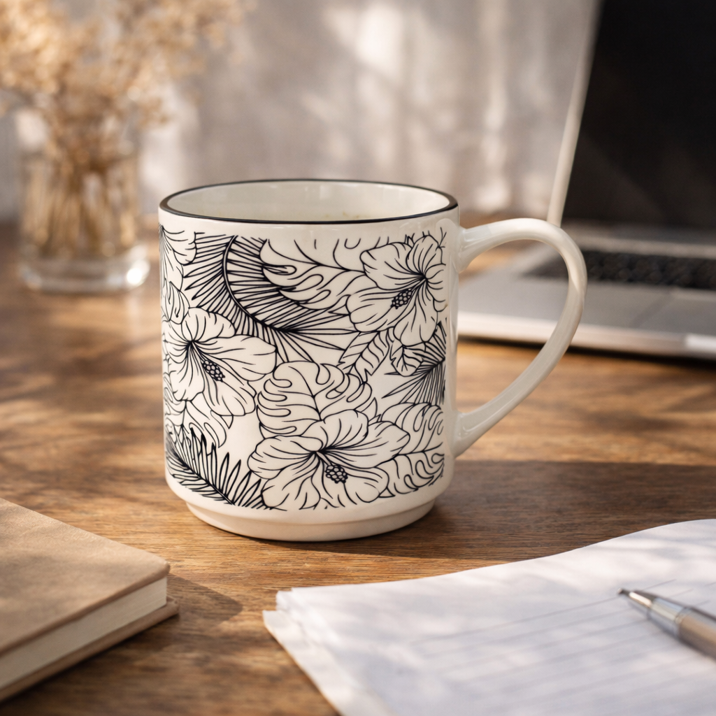 Cuire Floral Black & White Ceramic Coffee Mug | Mug for Him & Her | Perfect for Gifting | 350ml (Set of 1)