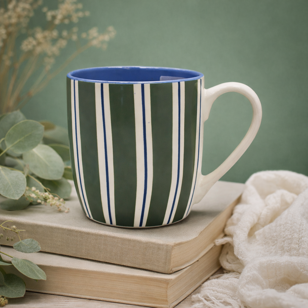 Cuire Stripped White Ceramic Coffee Mug | Mug for Him & Her | Perfect for Gifting | 580ml (Set of 1)