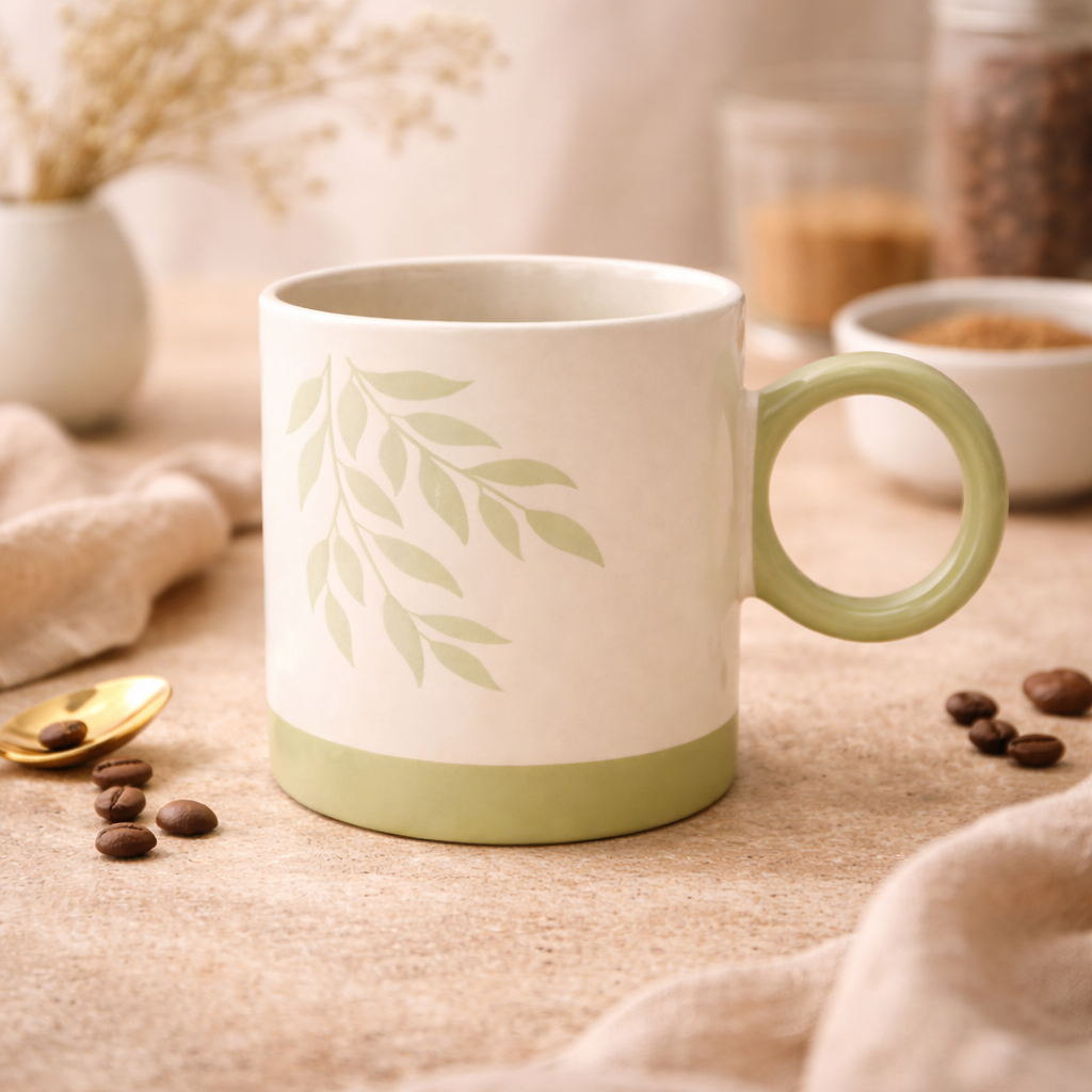 Cuire Green Fern Ceramic Coffee Mug | Mug for Him & Her | Perfect for Gifting | 370ml (Set of 1)