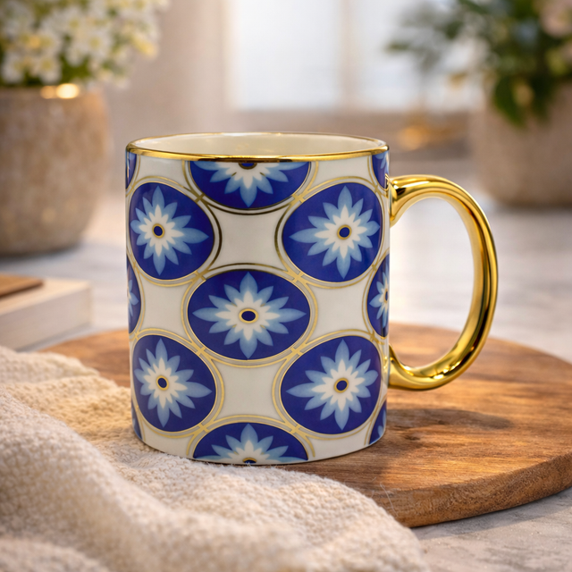 Cuire Golden Blue Floral Ceramic Coffee Mug | Mug for Him & Her | Perfect for Gifting | 360ml (Set of 1)