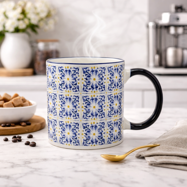 Cuire Blue Patterned Ceramic Coffee Mug | Mug for Him & Her | Perfect for Gifting | 370ml (Set of 1)