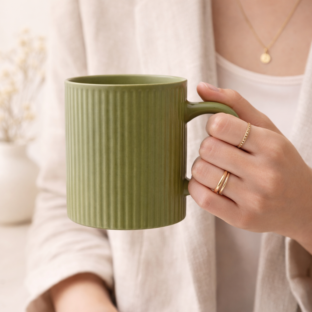 Cuire Ribbed Sage Green Ceramic Coffee Mug | Mug for Him & Her | Perfect for Gifting | 360ml (Set of 1)