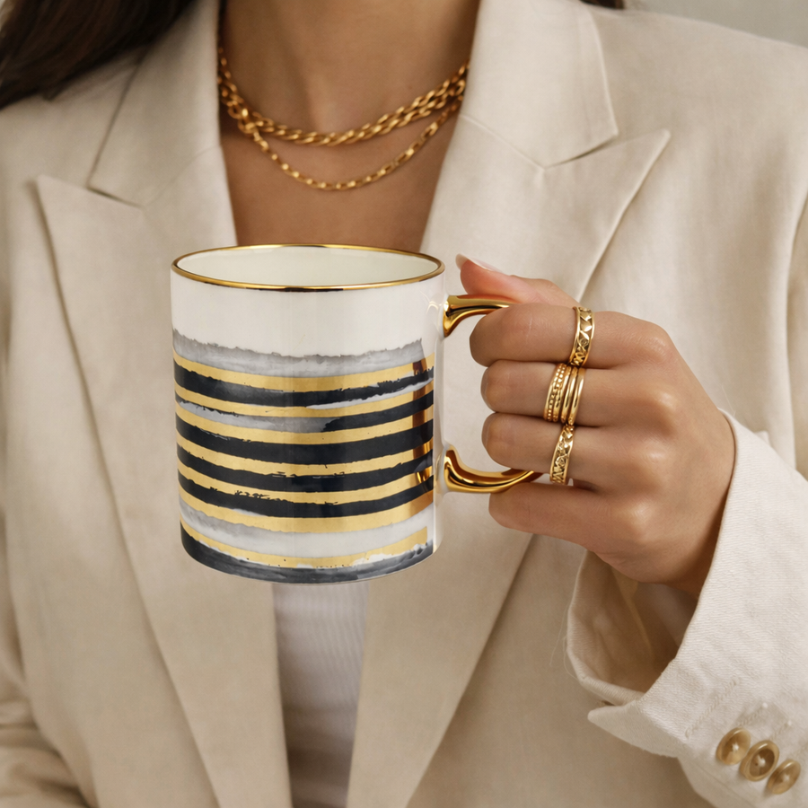 Cuire Azure Gold Waves Ceramic Coffee Mug 340ml | Blue Watercolor Design with Gold Handle & Rim | Stain Resistant, Thermal Resistant | Strong & Durable Tea & Coffee Cup (Black with Golden Stripes)