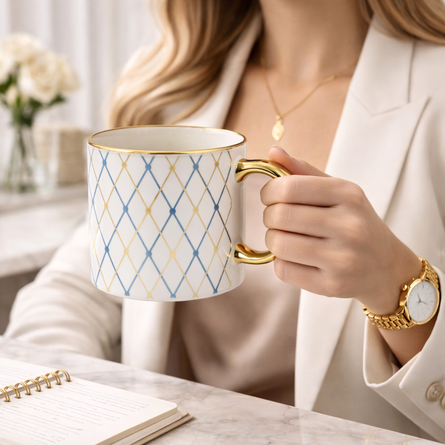 Cuire Aurora Luxe Gold Handle Coffee Mug – Premium Designer Ceramic Mug with Elegant Blush Lattice Pattern, 340ml Capacity | Perfect for Coffee, Tea & Gifting (Golden Navy Blue)
