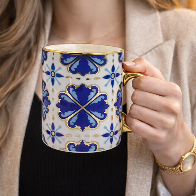 Cuire Golden Blue Floral Ceramic Coffee Mug | Mug for Him & Her | Perfect for Gifting | 360ml (Set of 1)