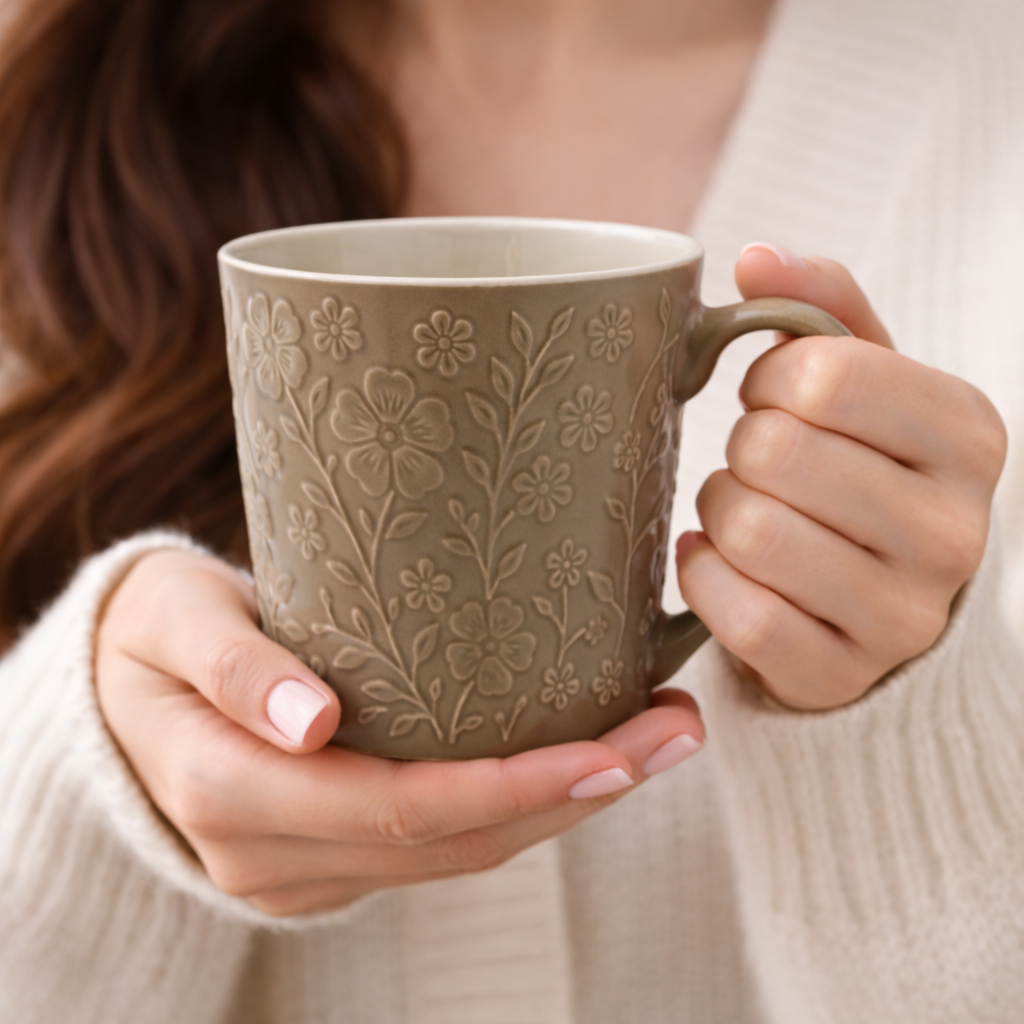 Cuire Floral Embossed Green Ceramic Coffee Mug | Mug for Him & Her | Perfect for Gifting | 520ml (Set of 1)