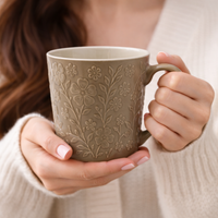 Cuire Floral Embossed Green Ceramic Coffee Mug | Mug for Him & Her | Perfect for Gifting | 520ml (Set of 1)