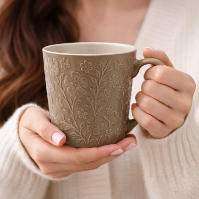 Cuire Floral Embossed Green Ceramic Coffee Mug | Mug for Him & Her | Perfect for Gifting | 520ml (Set of 1)