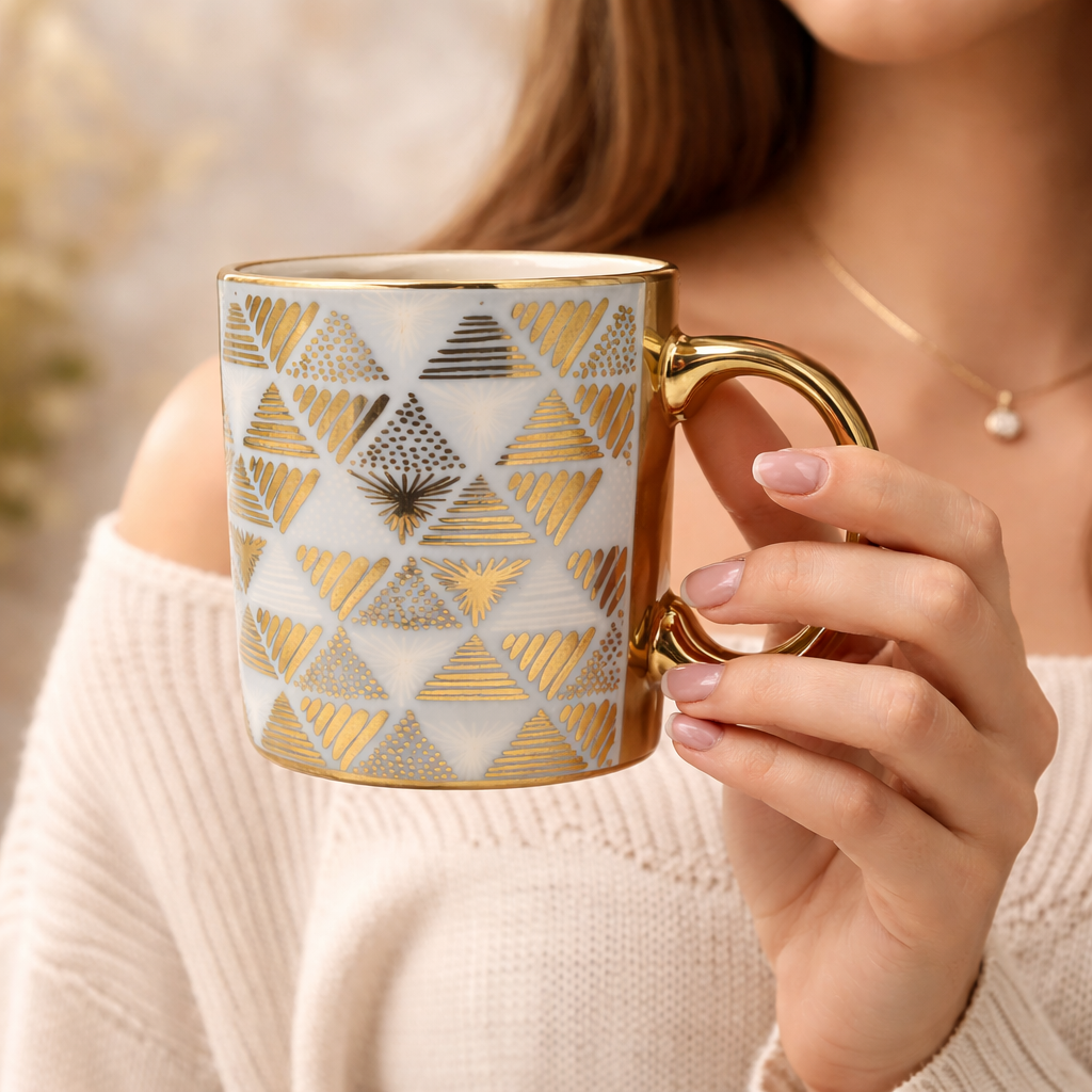Cuire Floral Golden Ceramic Coffee Mug | Mug for Him & Her | Perfect for Gifting | 370ml (Set of 1)