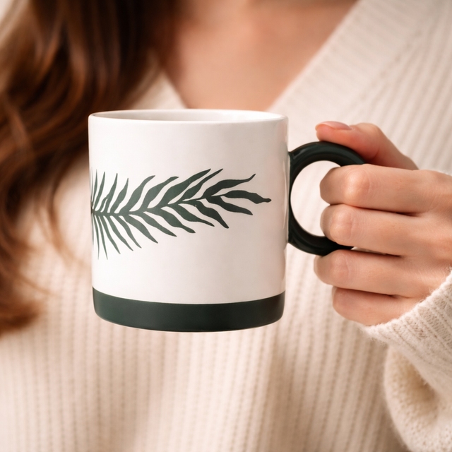Cuire Green Fern Ceramic Coffee Mug | Mug for Him & Her | Perfect for Gifting | 370ml (Set of 1)