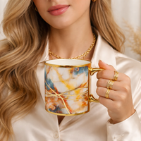 Cuire Golden Veins Designer Ceramic Mug |Stain Resistant, Thermal Resistant | Strong & Durable Premium Tea Cup| 340ml (Golden Veins with Pink Marble)