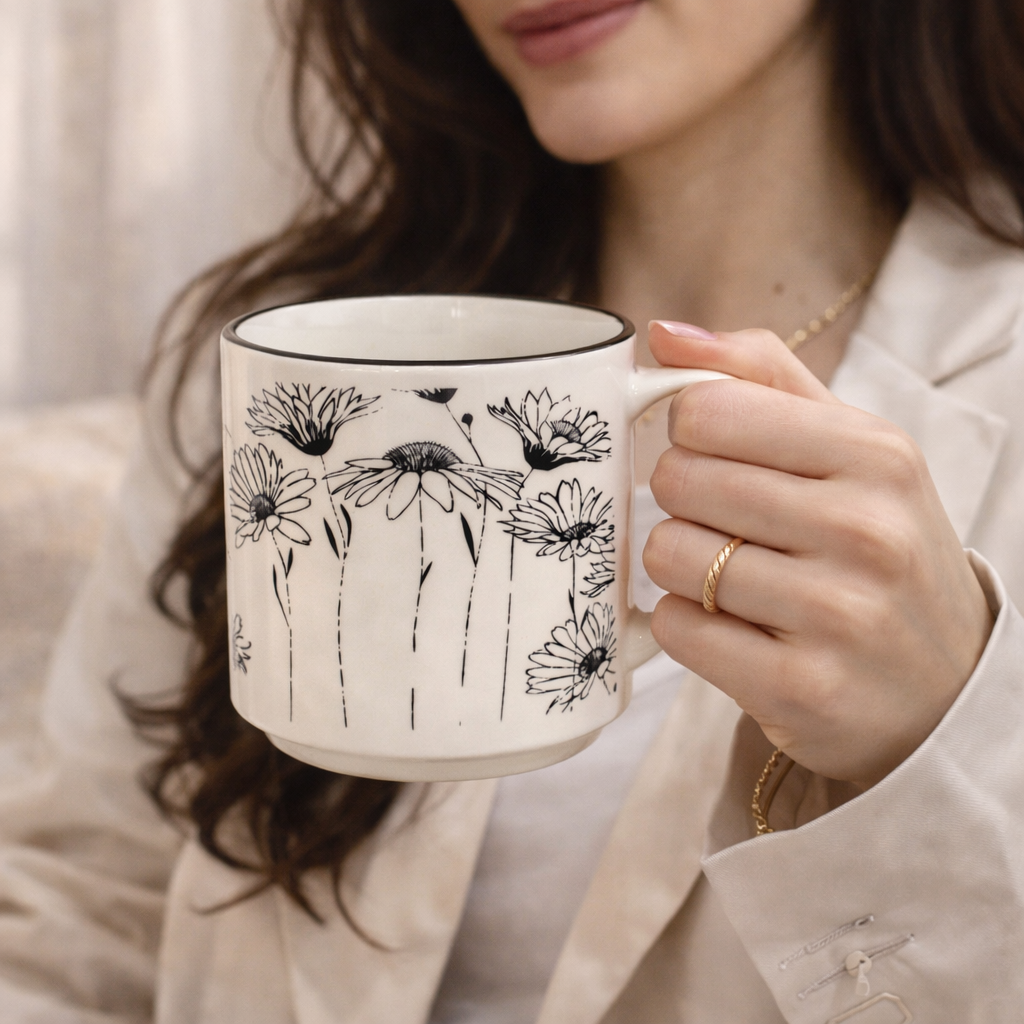 Cuire Floral Black & White Ceramic Coffee Mug | Mug for Him & Her | Perfect for Gifting | 350ml (Set of 1)