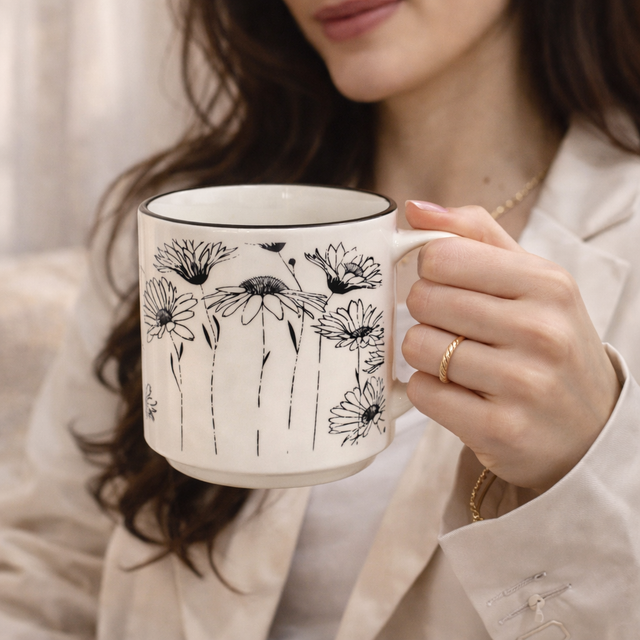 Cuire Floral Black & White Ceramic Coffee Mug | Mug for Him & Her | Perfect for Gifting | 350ml (Set of 1)