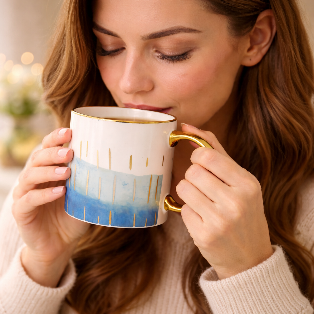 Cuire Azure Gold Waves Ceramic Coffee Mug 340ml | Blue Watercolor Design with Gold Handle & Rim | Stain Resistant, Thermal Resistant | Strong & Durable Tea & Coffee Cup (Blue with Golden Droplets)