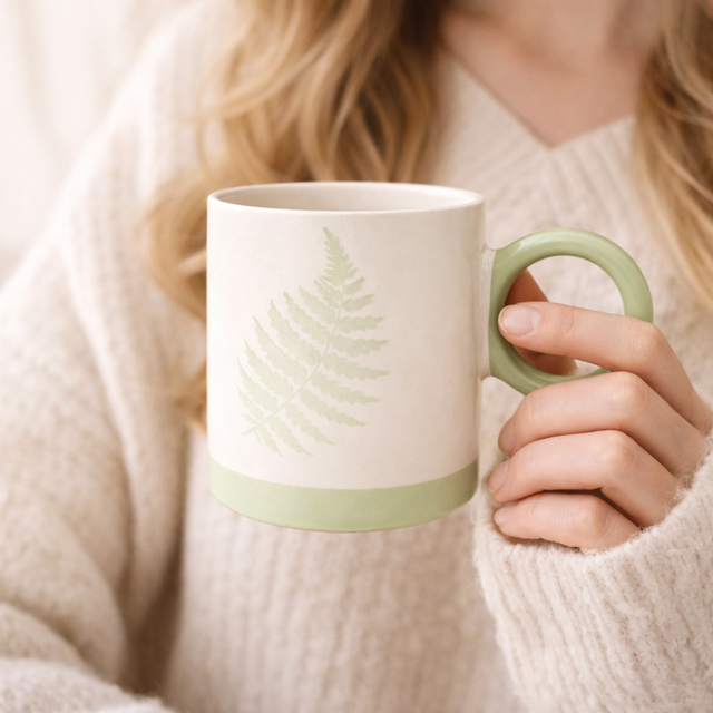 Cuire Green Fern Ceramic Coffee Mug | Mug for Him & Her | Perfect for Gifting | 370ml (Set of 1)