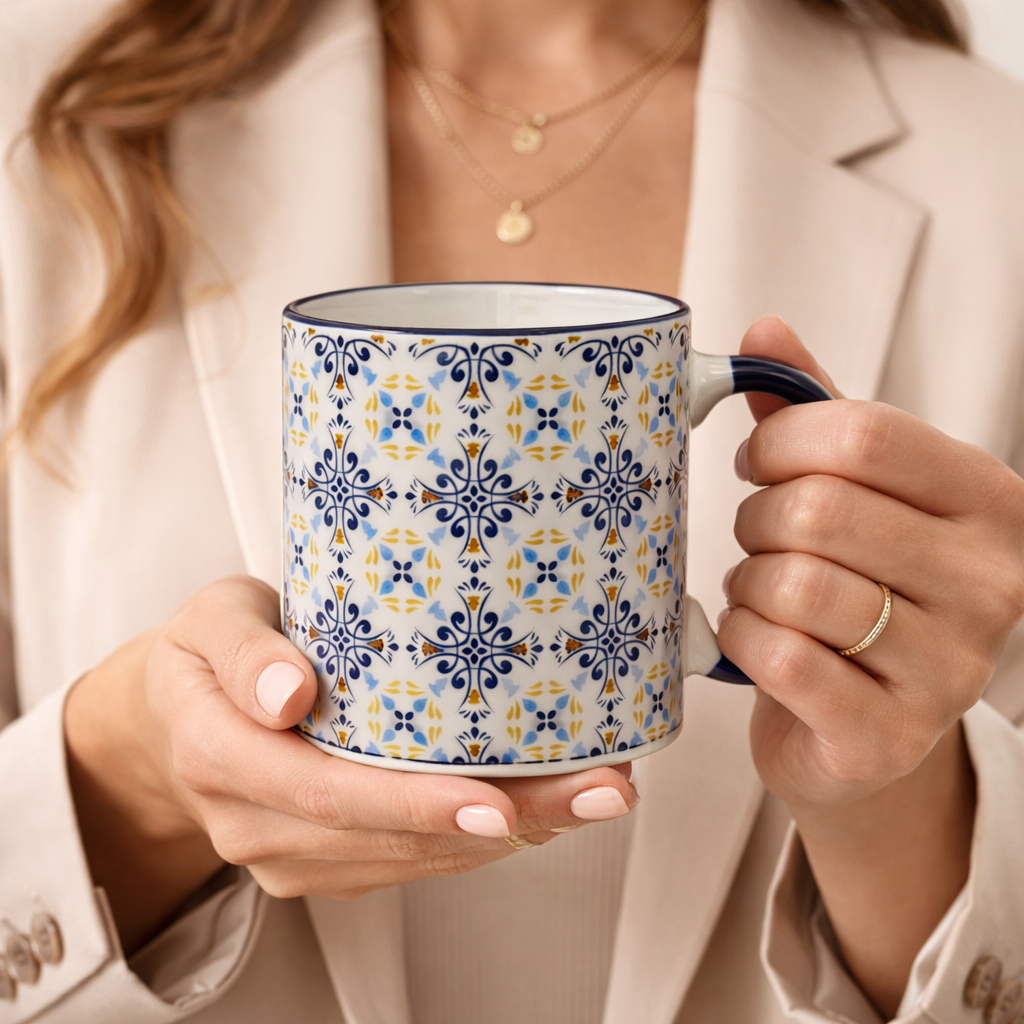 Cuire Blue Patterned Ceramic Coffee Mug | Mug for Him & Her | Perfect for Gifting | 370ml (Set of 1)