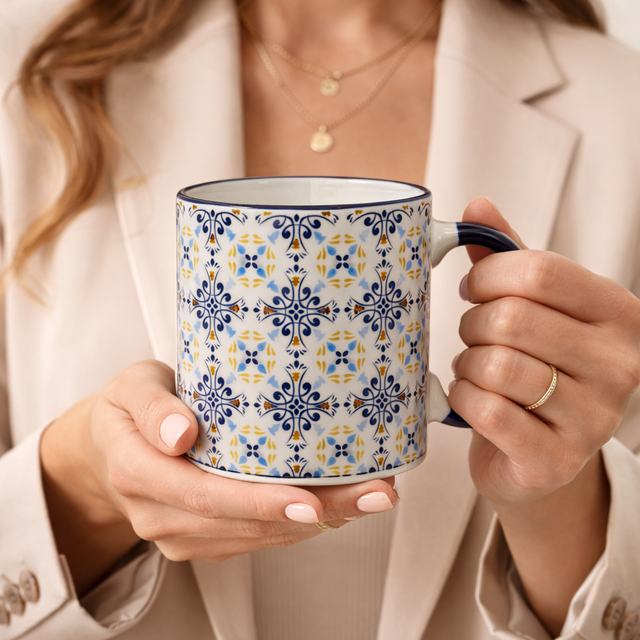 Cuire Blue Patterned Ceramic Coffee Mug | Mug for Him & Her | Perfect for Gifting | 370ml (Set of 1)