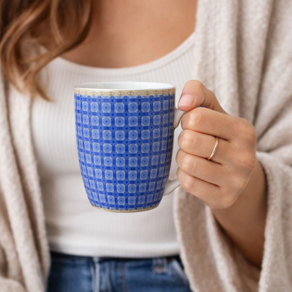 Cuire Blue Geometric Pattern Ceramic Coffee Mug | Mug for Him & Her | Perfect for Gifting | 370ml (Set of 1)