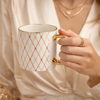 Cuire PInk and Golden Diamond Pattern Ceramic Coffee Mug | Mug for Him & Her | Perfect for Gifting | 340ml (Set of 1)